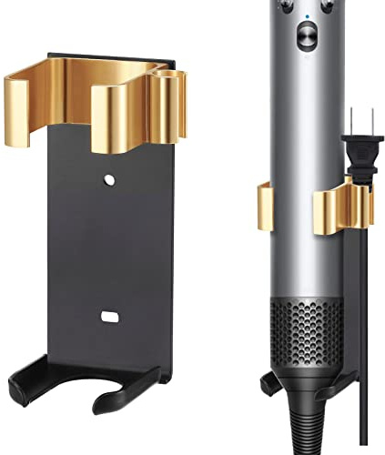 Moqing Wall Mount Holder for Dyson Airwrap Styler Hair Curling Iron Barrels, Metal Organizor Storage Rack Suitable for Various Curly Hair Sticks,Aluminum (Black&Golden)