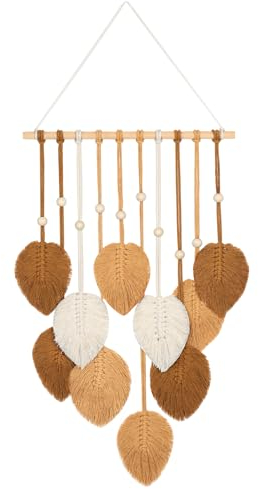 Betylifoy Macramè Appeso a Parete Boho Decor, Macramè Arazzo con Perline di Legno e Foglie Arazzo Appeso a Parete per Camera da Letto Nursery Decorazione della Parete (Khaki)