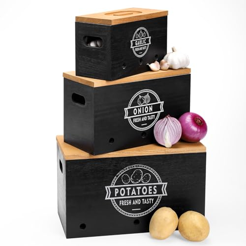 Yorbay Kartoffel Aufbewahrungsbox Holz 3er Set kartoffel aufbewahrung Knoblauch und Zwiebel Aufbewahrung, Kartoffel Vorratsdosen Set Kann Gemüse für eine Lange Zeit lagern (Schwarz)
