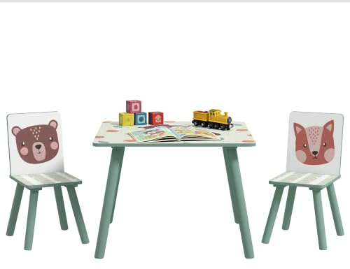 ZONEKIZ Table et 2 Chaises pour Enfants 3 Pièces Motif Animaux 3-8 Ans Vert | Chambre à Coucher, Salle de Jeux, Pieds en Bois Massif