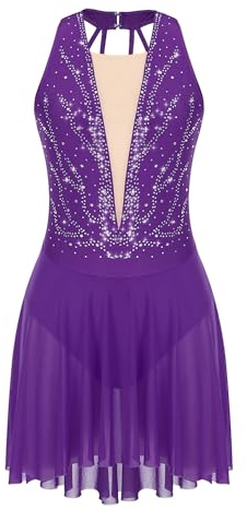 TiaoBug Eiskunstlauf Kleid Damen Ballettkleid Patchwork Mesh Strass Ballettanzug Gymnastikanzug Tanzkleid Skater Tutu Rock Violett K M