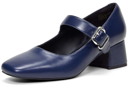 GENSHUO Zapatos Mary Jane de Tacón Bajo y Grueso para Mujer con Punta Cuadrada Cerrada y Correa en el Tobillo, Vestido de Oficina e Iglesia, Azul Marino, 41 EU