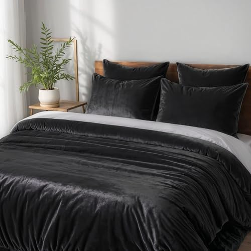 Cozyor Biancheria da letto in peluche extra spessa e morbida, robusta chiusura lampo, copripiumino 135 x 200 cm, federa 40 x 80 cm, 2 pezzi, nero Eclipse
