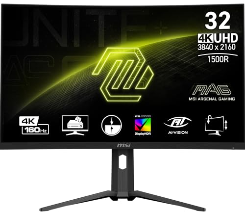 MSI mag 321CUP Monitor Gaming Curvo UHD de 31,5, 1500R 3840 x 2160 VA Panel, 160Hz / 1ms, Adaptive-Sync, DP 1.4a, USB Type-C (DP alt., c/ 15W PD), HDMI 2.1 CEC