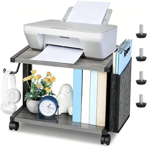 smusei Druckerständer, 2-Stufig Druckertisch Klein Holz Druckerhalter mit Aufbewahrungstasche und Abschließbar 360°Rollen für Home Büro Schreibtisch Organizer, 44x28x28cm