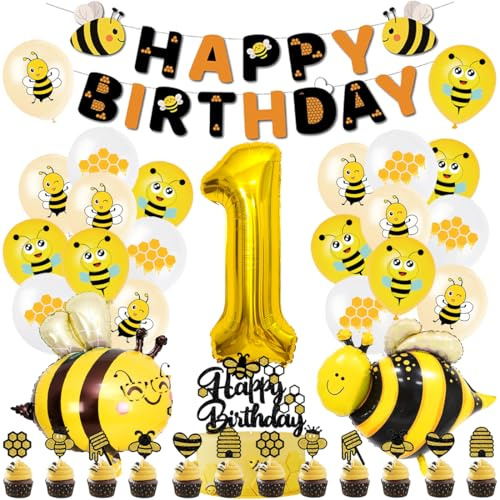 Biene Geburtstagdeko Set, Deko 1. Geburtstag Biene Folienballons, Bienen Luftballon mit Happy Birthday Girlande, Tortendeko Geburtstag Bienen, Bee Balloon für 1 Jahre Geburtstagsdeko