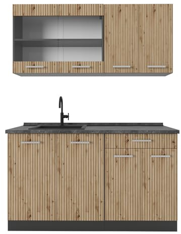Vicco Singleküche R-Line, Artisan-Eiche, 140 cm | 4 Module · Höhenverstellbare Füße · Ohne Arbeitsplatte · Robuste Fronten · Mit Glasschrank · Frei kombinierbar