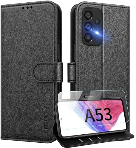 UITUIM Mobiltelefonfodral för Samsung Galaxy A53 5G, vikbart fodral i läder med glas, skyddande film, flipfodral, vikbart kortfack, fodral, skyddande mobilfodral för Samsung Galaxy A53 5G, svart