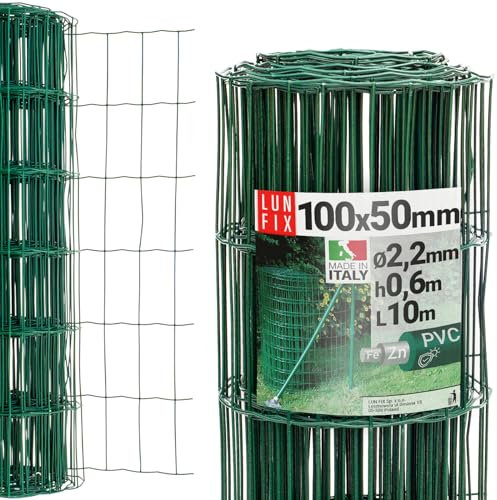 Maschendrahtzaun - verzinkter Stahl Grün PVC-beschichtet, 100 x 50 mm, Ø 2.2 mm, 60 cm x 10 m, Gartenzaun Hundezaun Wildzaun Hühnerzaun Drahtgitter Zaun Schweißgitter, Lun Fix