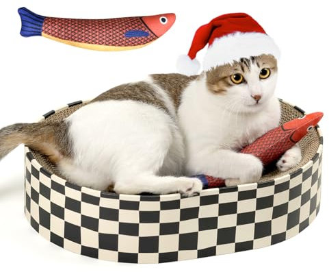 Conlun Kratzbrett Katze, Oval Kratzpappe für Katzen, Katzenbett aus Wellpappe, Lounge-Schale für Katzen zum Spielen und Ruhen, Geburtstag&Feiertage(Kratzbretter&Fisch Spielzeug)