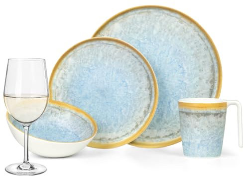 Vajilla de melamina para camping, 4 personas, color azul cristal + 4 copas de vino blanco Timo