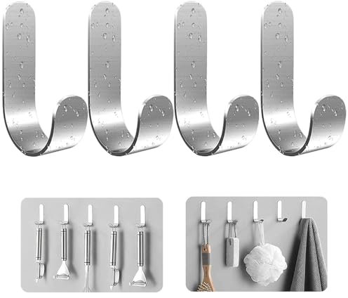 Frypay 4 Stück, Haken Selbstklebend, Selbst-Klebende Wandhaken, Edelstahl Haken Selbstklebend, Handtuchhaken, Ohne Bohrenfür Bad und Küche