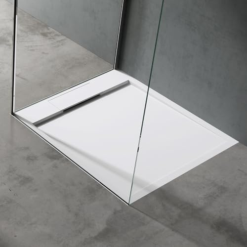 doporro Duschtasse Duschwanne 90x100x4 Mineralguss Weiß Ablaufgarnitur | Flache Duschwanne für bodenebene Montage mit DIN-Anschlüssen – stabil & pflegeleicht für moderne Duschen Geoma04