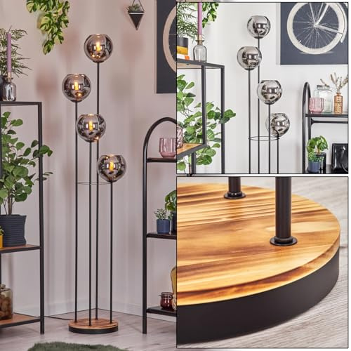 HOFSTEIN Stehleuchte Koyoto, Stehlampe aus Metall/Holz/Glas in Schwarz/Natur/Chrom/Rauch, Leuchte im Retro/Vintage-Design (Ø 15 cm), Fußschalter, 147 cm, E14, Wohnzimmer, Schlafzimmer, Flur, Büro