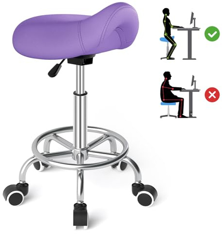 YEEZEE Bequemer Sattelhocker Ergonomisch mit Fußstütze für Büro, Lila | Sattelhocker mit Rollen, 150kg Traglast, 46-59cm Höhenverstellbar, 360° Drehbar, PU-Leder, Ideal für Salon, Praxis, Massage