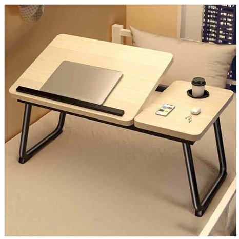 JHIAADEY Sängbord for bärbar dator, bärbart lapbord/bärbart stativ, bäddsoffa laptopbord, litet justerbart hopfällbart datorbord, brickbord med mugghållare(White Oak)