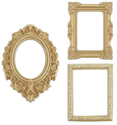 NICENEEDED 3PCS Mini Vintage Resin Picture Frame, Gold Small Picture Frames, Oval Rectangle Wall Hanging Antique Photo for Jewelry Display Holiday Party Hotel Decor