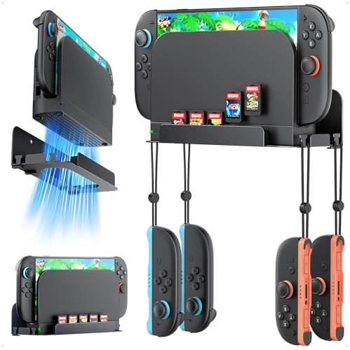 Auarte Wall Mount for Nintendo Switch 2, Metal Wall Bracket | 4 Joypad Hooks and 5 Game Card Holders, Hollow Design Fast Heat Dissipation, Safely Store Near or Behind TV