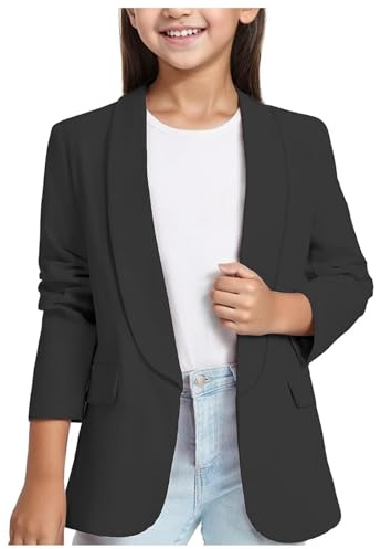 Giacca da Abito Bambina Elegante a Maniche Lunghe con Collo a Scialle e Tasca Interna Anteriore Giacca Formale per Ragazza per Cerimonie e Occasioni Speciali in Tessuto di Alta (Black, 13-14 Years)