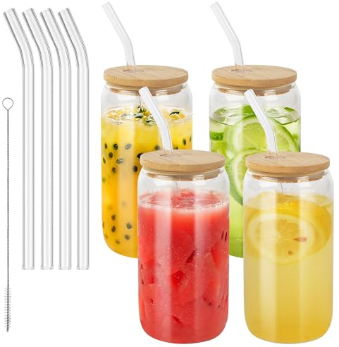 BUCOMTU 4er Set Glas mit Deckel und Strohhalm, 500 ml Trinkgläser mit deckel,Cocktailgläser Gläser Set,für Trinkgläser in Dosenform, Iced Coffee Glas, Cocktails (500ML-4 Pack)