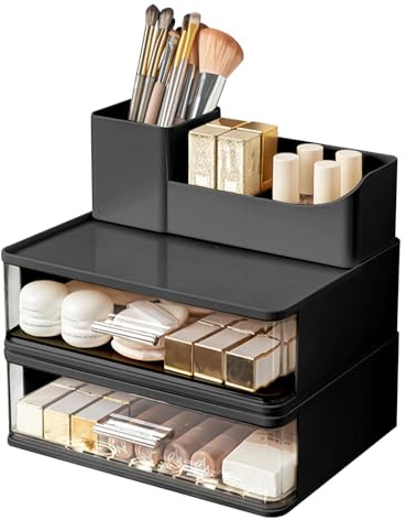 DASITON Make up Organizer mit 2 Schubladen, Stapelbarer Kosmetik Organizer Makeup Organizers, Pinselhalter Kosmetik Aufbewahrung Schmink Organizer für Schminktisch, Badezimmer, Schreibtisch (Schwarz)