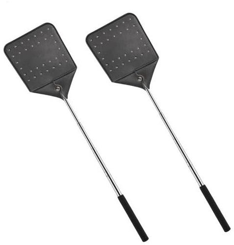 2 Piezas Matamoscas Extensible, Matamoscas de Cueri PU, Mata Moscas Manual, Trampa Moscas, Fly Swatter, con Mango Telescópico de Acero Inoxidable, para Interior y Exterior
