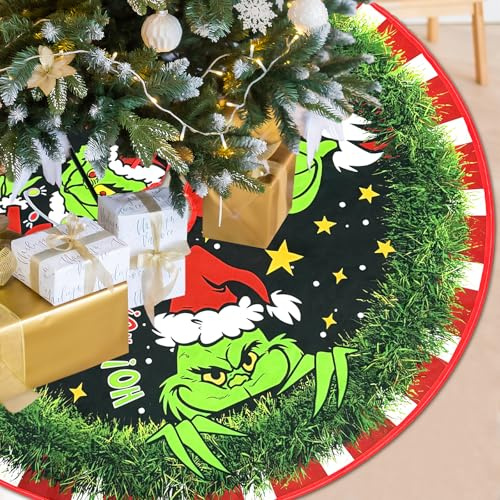 FairyPeach Weihnachts-Grinch-Baumrock, Weihnachtsbaumdecke Rund 120cm, Weihnachtsbaum Unterlage, Weihnachtsbaum Teppich Rund, Christbaum Teppich, Baumteppich Rock, Teppich Weihnachtsbaum