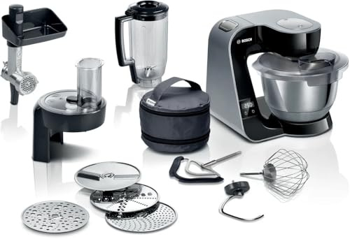 Bosch Set di 4 macchine da cucina MUM5XC4E - 1000 W, ciotola in acciaio inossidabile da 3,9 l, bilancia integrata, mixaggio planetario 3D, nero