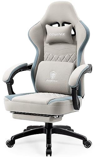 Dowinx Gaming-Stuhl Stoff mit Gelkissen und Taschenfederkissen, Ergonomischer Bürostuhl mit Fußstütze, Massage Gaming Sessel Gamer Chair für Erwachsene Grau