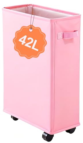 IHOMAGIC 42L Cesto Ropa Sucia con Ruedas Estrecho, Plegable Cesto de la Ropa Sucia, Bolsa Ropa Sucia con Malla con Cordón Superior, Cesta Almacenaje para Aperitivos, Mantas, Colchonetas de yoga, Rosa