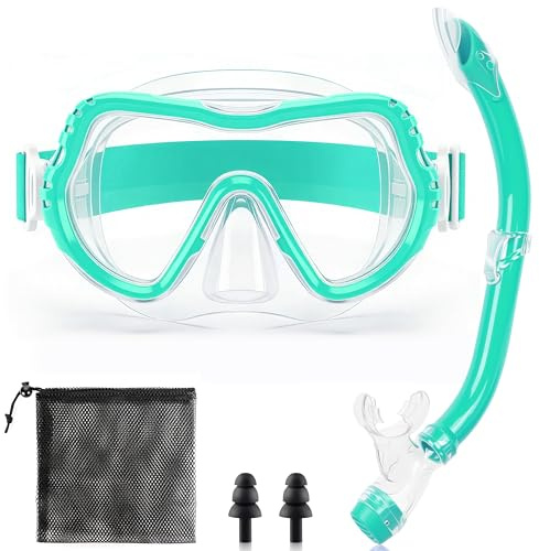 IEEILULU Masque Plongée Enfant avec Masque, Tuba, Bouchons d’Oreille, Filet – Set Complet, 180°Champ de Vision Panoramique HD, pour l'Été – 4 Couleurs Disponibles