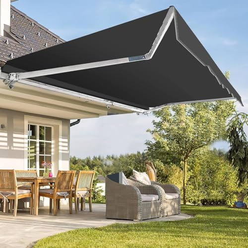 Fiqops Auvent manuel à bras articulés, 400 x 300 cm, protection solaire avec manivelle, anti-UV et imperméable, en aluminium/polyester, pour balcon, terrasse, jardin, gris