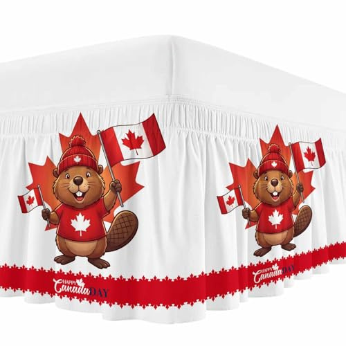 Canada Beavers Bed Skirt Queen Size, Wrap Around Bed Skirting with Adjustable Elastic Strap, Modern Chic Maple Leaf Red Brown Dust Ruffle Pleated Bedskirts 18 Inch Drop for Bedroom Queen Beds