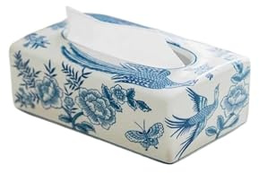 Tissuebox-Halter Blaue und weiße Porzellan-Taschentuchbox, dekorativer Serviettenhalter aus Keramik, Blumen- Vogel-Design-Set Ästhetik im Büro(A)