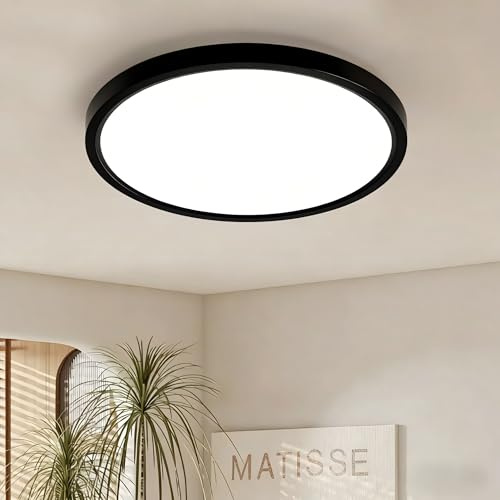 Deckenlampe LED Deckenleuchte Ø40CM Schwarz Rund 36W 4000K Neutralweiß | Badlampe Küchenlampen Ultra Dünn 2,5CM für Wohnzimmer Balkon Keller Schlafzimmer Flur
