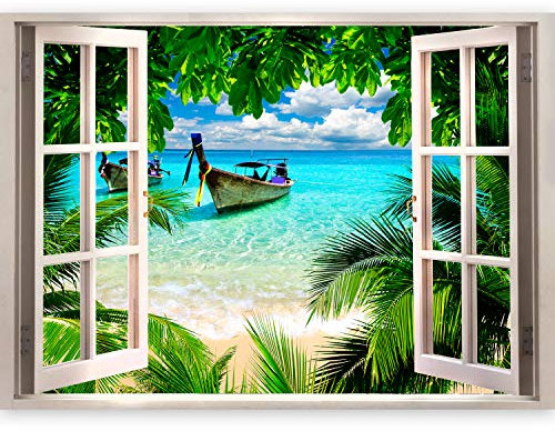 Fotomurales 3D - Ilusion Optica 3D 210x150 cm - Fotomural Poster Finestra - Fotomurales Papel pintado - Cuadro Mar Playa Duna