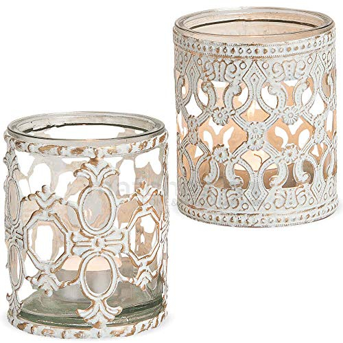 matches21 Teelichtgläser Kerzengläser Windlichter Glas & Metall Barock Ornamentmuster Vintage weiß 2er Set groß 10 cm