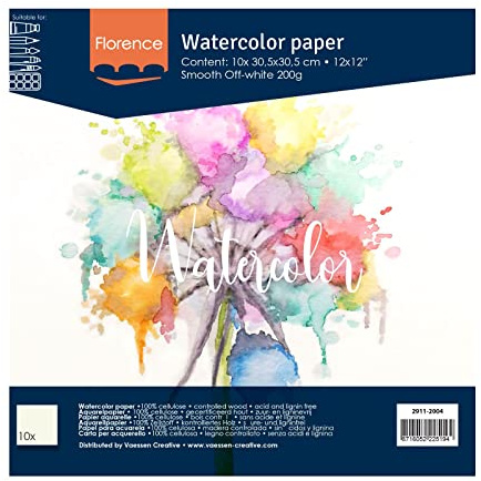 Vaessen Creative Papier Aquarelle Florence 30,5 x 30,5 cm, Ivoire, 300 GSM, Qualité d'artiste, Lisse, 10 Feuilles pour Peindre, Handlettering, Projets d'art et Plus, 30, 5 x 30, 5 cm