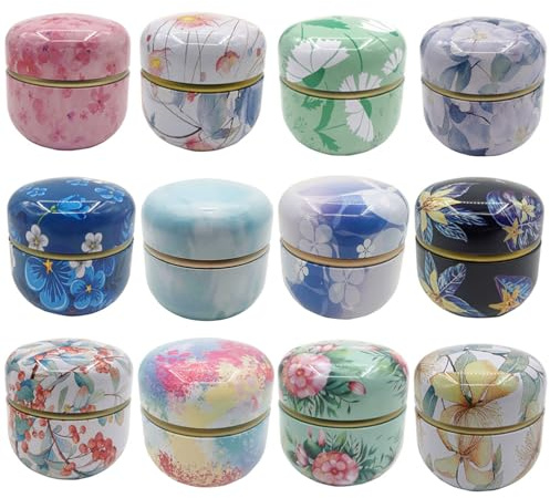 GMXZX 12-Pack Empty Tea Tin Can Candle Containers Loose Tea Tin Box With Lid Sealed Jar Scented Tea Storage Metal Coffee Candy Cans Gift Storage Jewelry Boxes Round Can