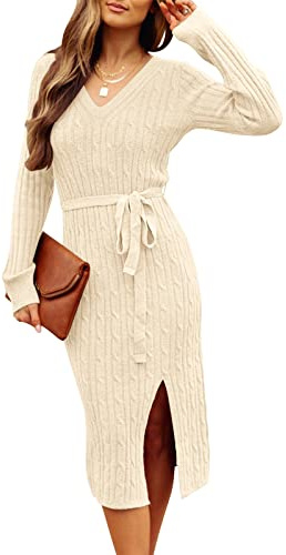 MEROKEETY Women's 2025 Fall Long Sleeve Bodycon Sweater Dress Winter V Neck Cable Knit Slit Midi Dresses, Apricot, L