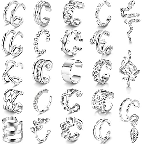 Morfetto 23Pcs Ear Cuffs Earrings Set for Women Non-Piercing Cartilage Clip On Helix Wrap Earring Adjustable Snake Leaf Ear Clip Fake Cartilage Earring Silver