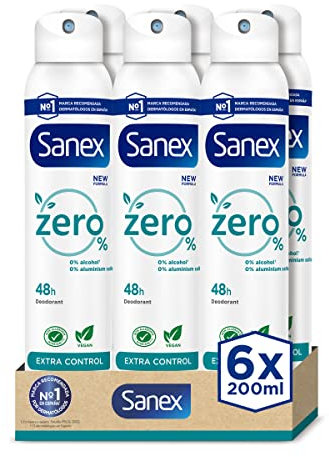 Sanex Zero% Extra Control Desodorante Spray, Pack 6 Uds x 200ml, Protección 48H, 0% Alcohol y 0% Sales de Aluminio, Ingredientes Antibacterianos, Inhibe la Formación de Olores Corporales