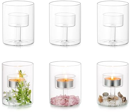 Glasseam Kerzenhalter Glas Teelichthalter, Zylinder Teelichtgläser Klein Kerzen Deko Hochzeit Wohnzimmer Tisch, Kerzengläser Vintage Teelicht Gläser 6er Set für Weihnachten Geburtstag Verzieren