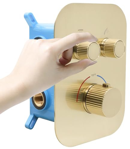 Brushed Gold 2-Way Thermostatic Shower Diverter Valve Kit - Solid Brass, Adjustable Flow, Temperature Control Mixer Valve - Perfect for Bathroom Renovation