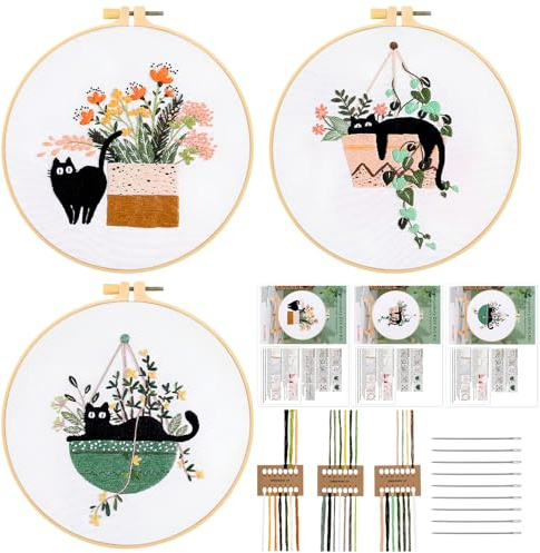 JSRQT 3 Stück Gestempeltes Stickerei Starter Kit Katze Embroidery für DIY Kunst Nadeln und Nähen Tools Kreuzstich Set Cross Stitch Anfänger Erwachsene