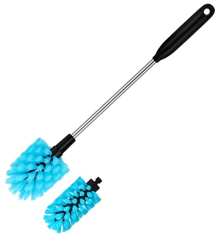 2-in-1 Stainless Steel Long Handled Water Bottle Brush, Multi-Purpose Bottle Scrubbing Brush, Soft Bottle Brush, Glassware Brush, Water Bottle Cleaner with Removable and Replaceable Brush Heads 15 in