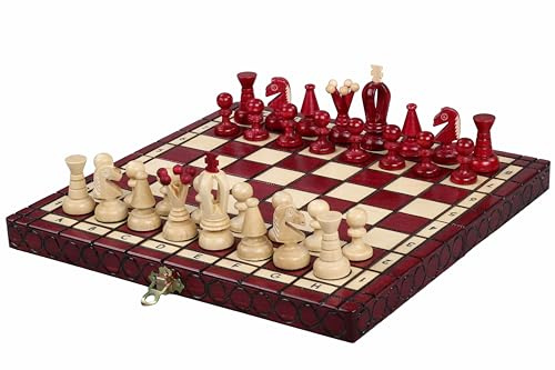 Sunrise Chess - Juego de ajedrez pequeño real en color rojo cereza – Exquisita artesanía en forma compacta