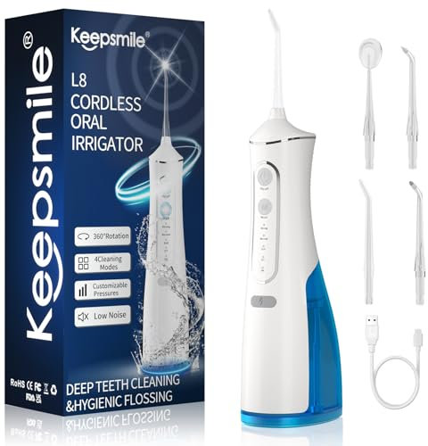 Keepsmile Water Flossers for Teeth Cordless,Portable Oral Irrigator 4 Modes,IPX7 Waterproof,300ML 4 Jet Tips USB Rechargeable Teeth Water Jet Cleaner,Water Dental Flosser at Home/Travel Size:239mm