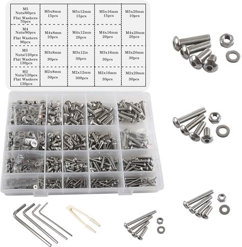 huruirui 1180pcs Nuts and Bolts Washers Set M2 M3 M4 M5 Machine Screws and Nut 304 Stainless Steel Button Head and Hex Nuts Washer Assortment Kit for Machine Fastener with 4 Wrench