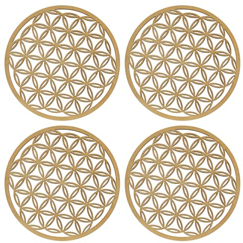 Fiore Della Vita: 4 Sottobicchieri Rotondi in Legno per Bicchieri e Tazze, Decorazione Murale